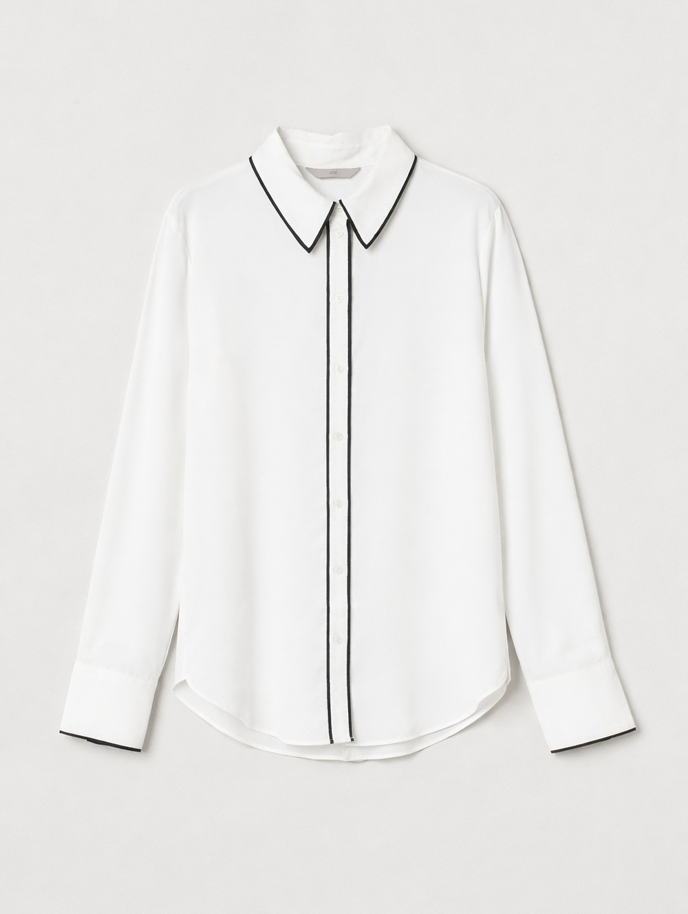 H&M Ivory Blouse Black Trim Contrast Button Front Long Sleeve Size 12